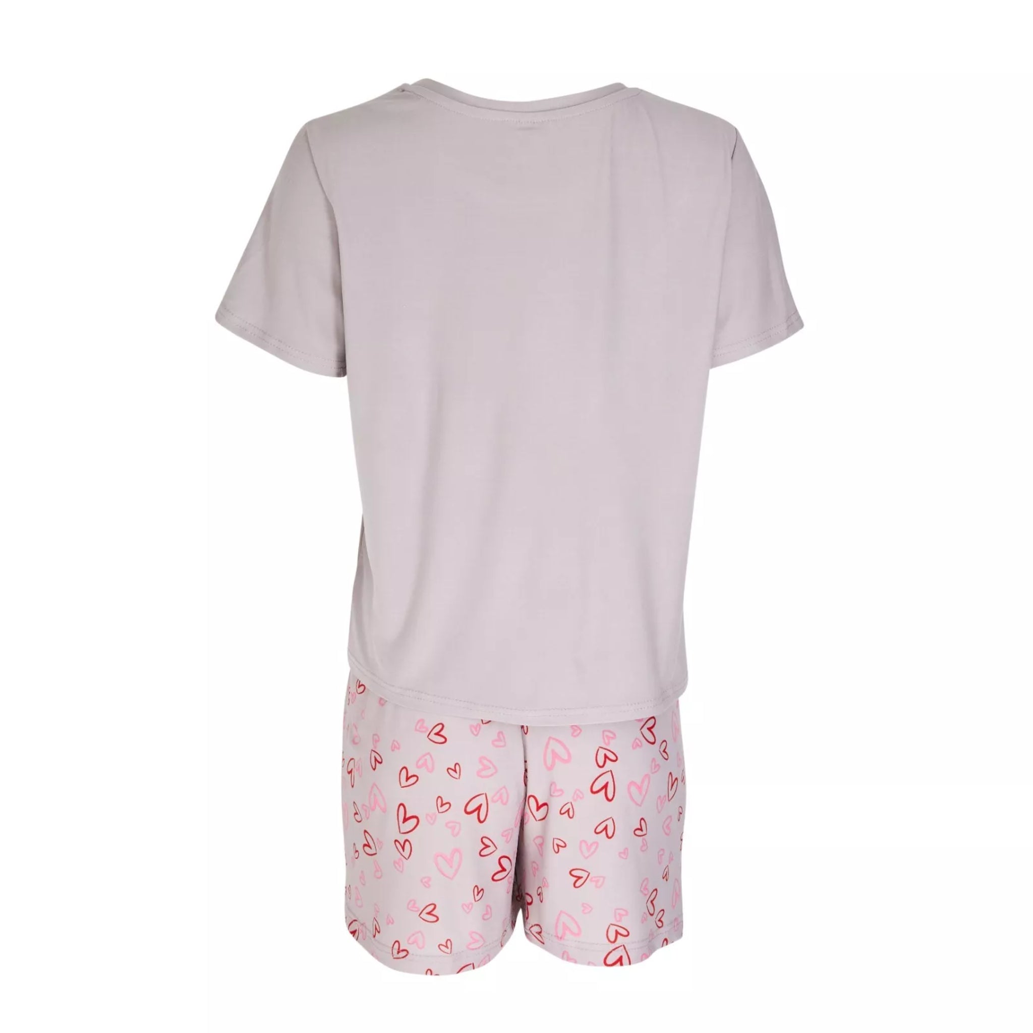 Ladies short sleeve 'Love' print pyjama set β light grey top with heart print pink shorts β soft and comfortable women's nightwear